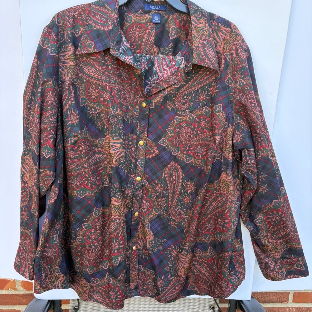 Chaps Womens 3X Paisley Plaid Button Down Shirt Cotton Long Sleeve Gold Buttons